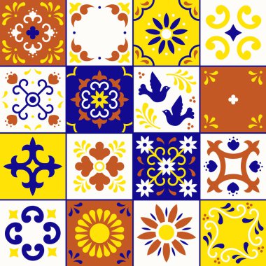 Meksika talavera deseni. Puebla geleneksel tarzda çiçek, yaprak ve kuş süsleri ile seramik karolar. Mavi, pişmiş toprak, sarı ve beyaz Meksika çiçek mozaik. Halk sanatı tasarımı.