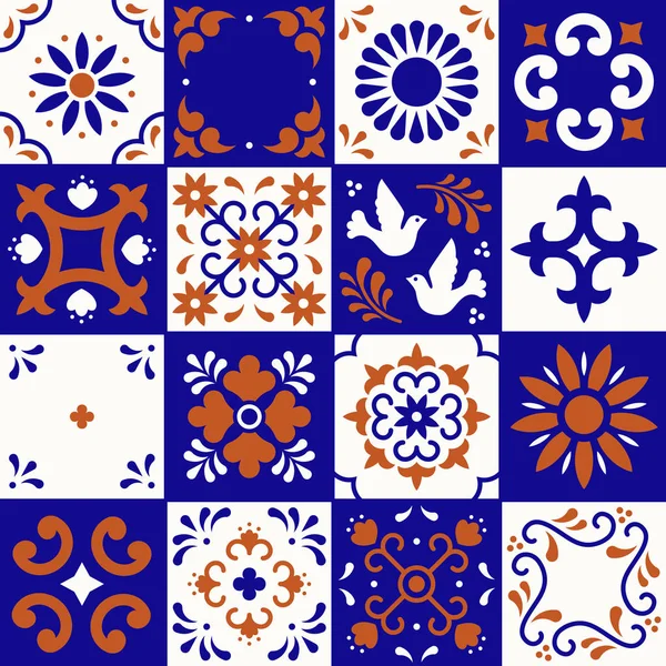 Mexican talavera pattern. Ceramic tiles with flower, leaves and bird ornaments in traditional style from Puebla. Mexico floral mosaic in ultramarine, terracotta and white. Folk art design. — Stock Vector