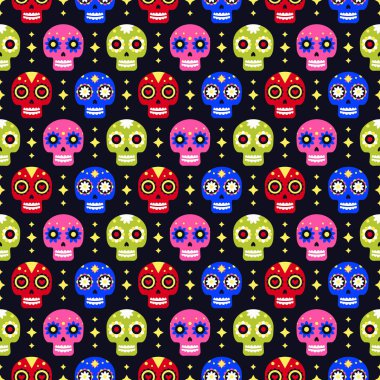 Karanlık arka planda renkli kafatasları ile ölü sorunsuz desen Günü. Dia De Los Muertos tatil partisi için geleneksel Meksika Cadılar Bayramı tasarımı. Meksika'dan Süs.