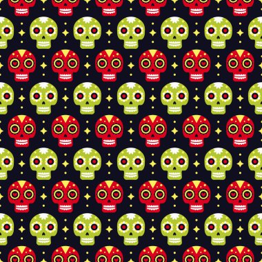 Karanlık arka planda renkli kafatasları ile ölü sorunsuz desen Günü. Dia De Los Muertos tatil partisi için geleneksel Meksika Cadılar Bayramı tasarımı. Meksika'dan Süs.