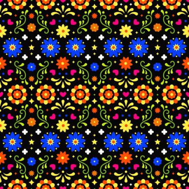 Koyu arka plan üzerinde çiçekler ile Meksika halk sanatı dikişsiz desen. Fiesta partisi için geleneksel tasarım. Meksika'dan renkli çiçek süslü unsurlar. Meksika folklor süsü.
