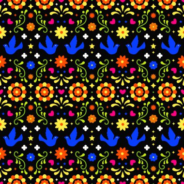 Koyu arka plan üzerinde çiçekler, yapraklar ve kuşlar ile Meksika halk sanatı dikişsiz desen. Fiesta partisi için geleneksel tasarım. Meksika'dan renkli çiçek süslü unsurlar. Meksika folklor süsü.