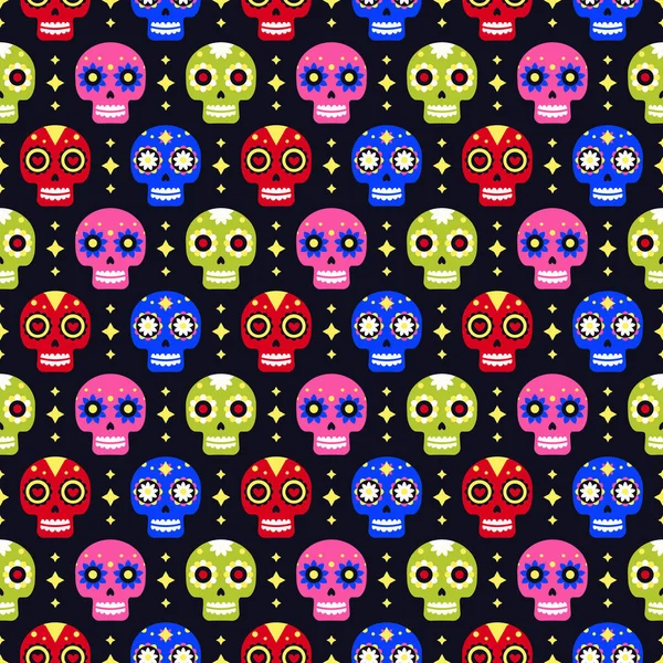 暗い背景にカラフルな頭蓋骨と死んだシームレスなパターンの日。ディア・デ・ロス・ムエルトスのホリデーパーティーのための伝統的なメキシコのハロウィーンデザイン。メキシコからの装飾品. — ストックベクタ