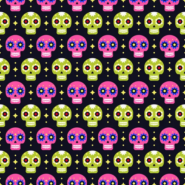 Day of the dead seamless pattern with colorful skulls on dark background. Traditional mexican Halloween design for Dia De Los Muertos holiday party. Ornament from Mexico. — Stock Vector