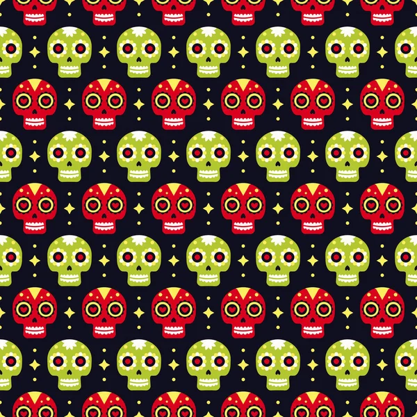 Karanlık arka planda renkli kafatasları ile ölü sorunsuz desen Günü. Dia De Los Muertos tatil partisi için geleneksel Meksika Cadılar Bayramı tasarımı. Meksika'dan Süs.