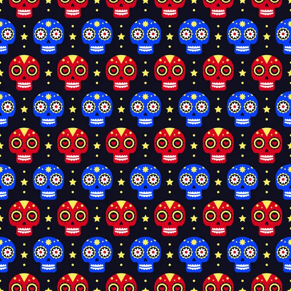 Karanlık arka planda renkli kafatasları ile ölü sorunsuz desen Günü. Dia De Los Muertos tatil partisi için geleneksel Meksika Cadılar Bayramı tasarımı. Meksika'dan Süs.