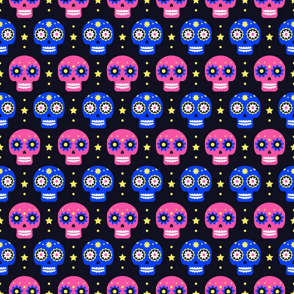 Day of the dead seamless pattern with colorful skulls on dark background. Traditional mexican Halloween design for Dia De Los Muertos holiday party. Ornament from Mexico. — Stock Vector