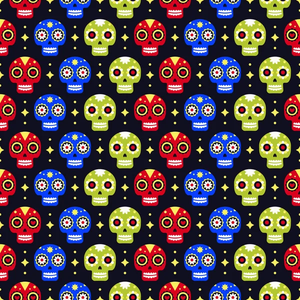 Jour du motif sans couture mort avec des crânes colorés sur fond sombre. Design traditionnel mexicain d'Halloween pour la fête de vacances Dia De Los Muertos. Ornement du Mexique . — Image vectorielle