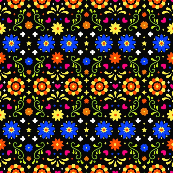 Koyu arka plan üzerinde çiçekler ile Meksika halk sanatı dikişsiz desen. Fiesta partisi için geleneksel tasarım. Meksika'dan renkli çiçek süslü unsurlar. Meksika folklor süsü.