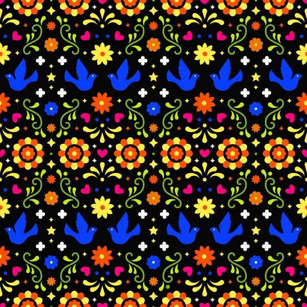 Koyu arka plan üzerinde çiçekler, yapraklar ve kuşlar ile Meksika halk sanatı dikişsiz desen. Fiesta partisi için geleneksel tasarım. Meksika'dan renkli çiçek süslü unsurlar. Meksika folklor süsü.