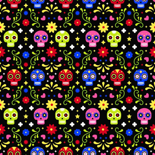 死者日无缝图案与五颜六色的头骨和鲜花在黑暗的背景。传统的墨西哥万圣节设计迪亚德洛斯穆尔托斯节日派对。来自墨西哥的装饰. — 图库矢量图片