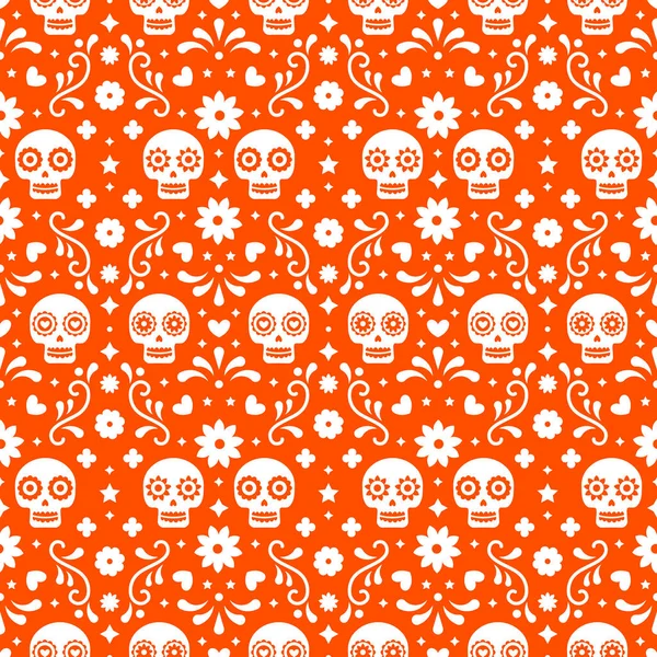 Kırmızı arka plan üzerinde kafatasları ve çiçekler ile ölü sorunsuz desen Günü. Dia De Los Muertos tatil partisi için geleneksel Meksika Cadılar Bayramı tasarımı. Meksika'dan Süs.