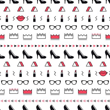 Siyah yüksek topuk ayakkabı, dudaklar, ruj, güneş gözlüğü ve memphis tarzı geometrik şekiller ile Moda aksesuarları desen. Minimal tasarım. 80'li yıllarda moda kızlar için güzellik arka plan. Çizgi sanatı.