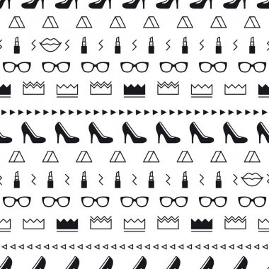 Siyah yüksek topuk ayakkabı, dudaklar, ruj, güneş gözlüğü ve memphis tarzı geometrik şekiller ile Moda aksesuarları desen. Minimal tasarım. 80'li yıllarda moda kızlar için güzellik arka plan. Çizgi sanatı.