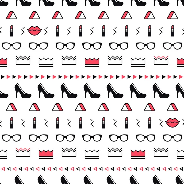 Siyah yüksek topuk ayakkabı, dudaklar, ruj, güneş gözlüğü ve memphis tarzı geometrik şekiller ile Moda aksesuarları desen. Minimal tasarım. 80'li yıllarda moda kızlar için güzellik arka plan. Çizgi sanatı.