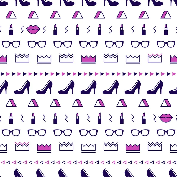 Siyah yüksek topuk ayakkabı, dudaklar, ruj, güneş gözlüğü ve memphis tarzı geometrik şekiller ile Moda aksesuarları desen. Minimal tasarım. 80'li yıllarda moda kızlar için güzellik arka plan. Çizgi sanatı.