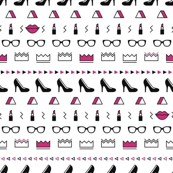 Fashion accessories pattern with black high heel shoes, lips, lipstick, sunglasses and geometric shapes in memphis style. Minimal design. Beauty background for fashionable girls in 80s. Line art. — Stock Vector
