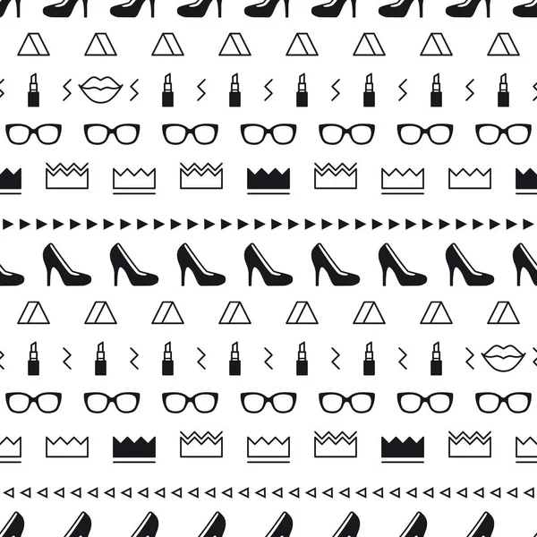 Siyah yüksek topuk ayakkabı, dudaklar, ruj, güneş gözlüğü ve memphis tarzı geometrik şekiller ile Moda aksesuarları desen. Minimal tasarım. 80'li yıllarda moda kızlar için güzellik arka plan. Çizgi sanatı.