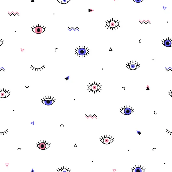 Augenmuster mit geometrischen Formen im Memphis-Stil. Minimales Design. geschlossene und offene violette und rosa Augen. Dreieck, Zickzack und andere grafische Elemente. Zeilenkunst. Modehintergrund in den 80er Jahren. — Stockvektor