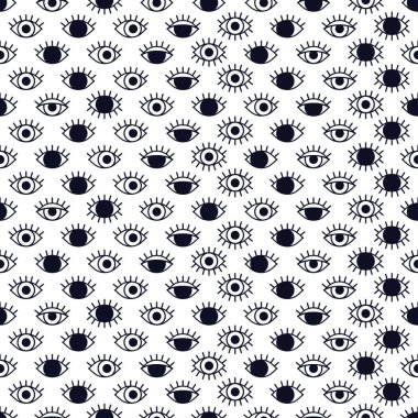 Çizgi stilinde gözler desen. 80'li yıllarda moda arka plan. Minimal tasarım. Çeşitli açık gözler. Çizgi sanatı.