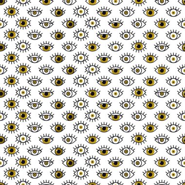 Çizgi stilinde altın göz deseni. 80'li yıllarda moda arka plan. Minimal tasarım. Altın çeşitli açık gözler. Çizgi sanatı.