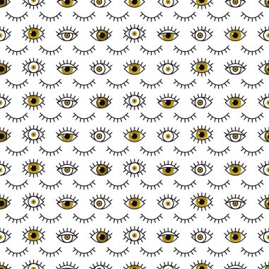 Çizgi stilinde altın göz deseni. 80'li yıllarda moda arka plan. Minimal tasarım. Çeşitli kapalı ve altın açık. Çizgi sanatı.