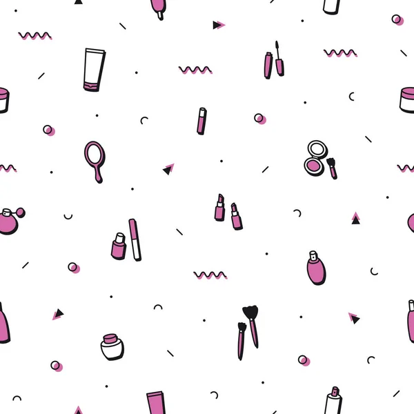 Maquillaje cuidado de belleza patrón sin costuras en estilo memphis. Fondo de moda en los años 90 80. Productos de belleza lápiz labial, rímel, perfume, sombras de ojos. Ilustraciones de cosméticos en diseño minimalista . — Vector de stock