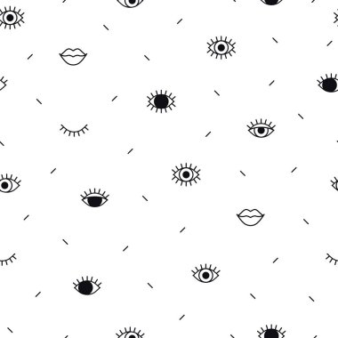 Memphis tarzı dudaklar ve geometrik şekiller ile Gözler desen. Moda geçmişi. Minimal tasarım. Kapalı ve açık gözler. Çizgi sanatı.