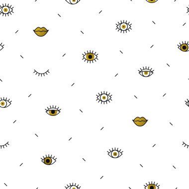 Memphis tarzı dudaklar ve geometrik şekiller ile Altın göz desen. 80'li yıllarda moda arka plan. Minimal tasarım. Kapalı ve açık gözler altın. Üçgen, zikzak. Çizgi sanatı.