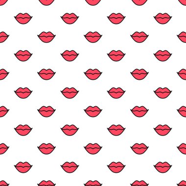 Beyaz arka planda kırmızı dudaklar dikişsiz desen. Ruj öpücüğü. Vektör illüstrasyon. Minimal tasarımda moda arka plan.