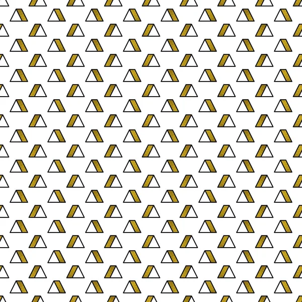 Gold triangles pattern on white background. Abstract seamless repeating pattern. Minimal design with golden glittering geometric shapes. Vector illustration. — Stock Vector