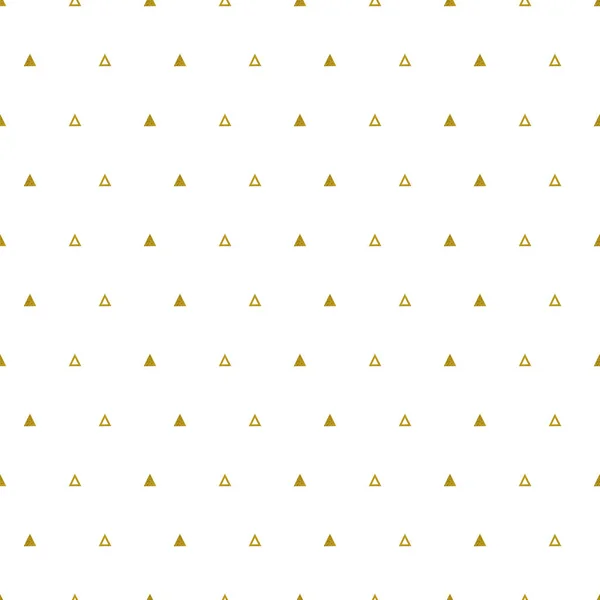 Gold triangles pattern on white background. Abstract seamless repeating pattern. Minimal design with golden glittering geometric shapes. Vector illustration. — Stock Vector