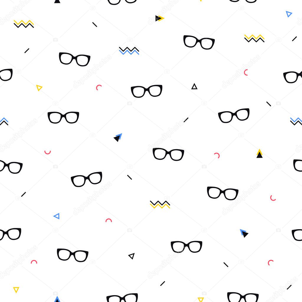 Glasses eyes seamless pattern on white background and geometric shapes in memphis style. Eyeglasses. Vector illustration. Fashion background in minimal design.