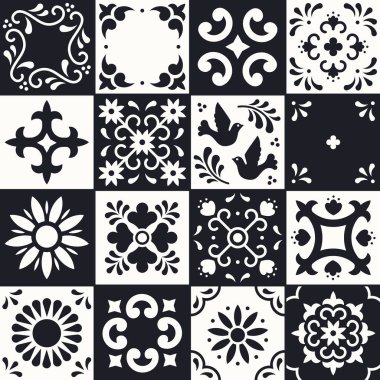 Meksika talavera deseni. Çiçekli seramik fayanslar, yapraklar ve Puebla 'dan geleneksel bir kuş süsü. Meksika çiçekli siyah beyaz mozaik. Halk sanatı tasarımı.