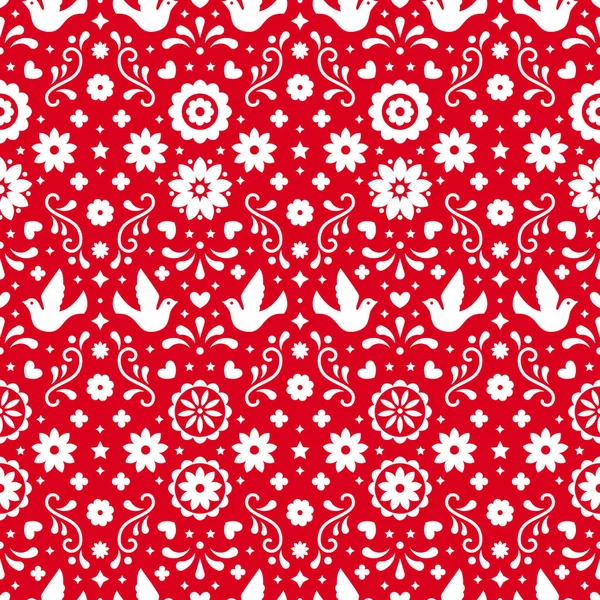 Mexikanische Blumen, Blätter und Vögel auf rotem Hintergrund. traditionelle nahtlose Muster für Fiesta-Party. Florales Folk Art Design aus Mexiko. Mexikanische Folklore. — Stockvektor
