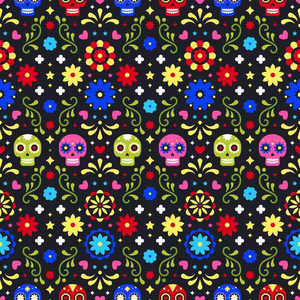 День мёртвых. Красочные мексиканские черепа, цветы и листья на тёмном фоне. Традиционный бесшовный шаблон для фиесты. Цветочный народный художественный дизайн из Мексики. Фольклорный орнамент Мексики
.