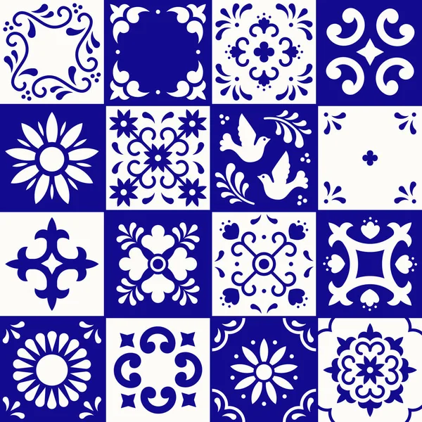 Mexican talavera pattern. Ceramic tiles with flower, leaves and bird ornaments in traditional style from Puebla. Mexico floral mosaic in navy blue and white. Folk art design. — Stock Vector