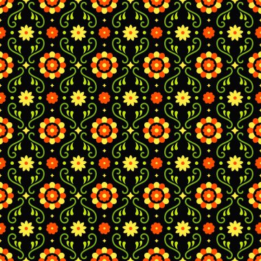 Koyu arka plan üzerinde çiçekler ile Meksika halk sanatı dikişsiz desen. Fiesta partisi için geleneksel tasarım. Meksika'dan renkli çiçek süslü unsurlar. Meksika folklor süsü.