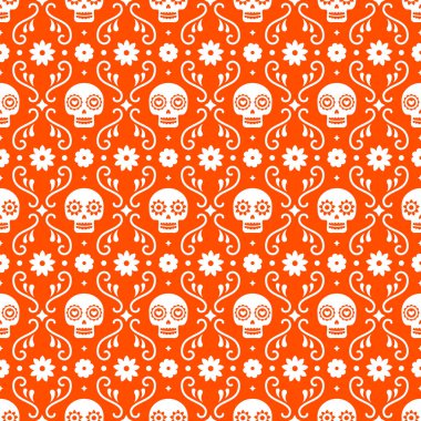 Kırmızı arka plan üzerinde kafatasları ve çiçekler ile ölü sorunsuz desen Günü. Dia De Los Muertos tatil partisi için geleneksel Meksika Cadılar Bayramı tasarımı. Meksika'dan Süs.