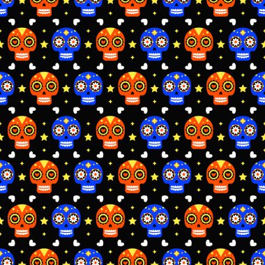 Karanlık arka planda renkli kafatasları ile ölü sorunsuz desen Günü. Dia De Los Muertos tatil partisi için geleneksel Meksika Cadılar Bayramı tasarımı. Meksika'dan Süs.