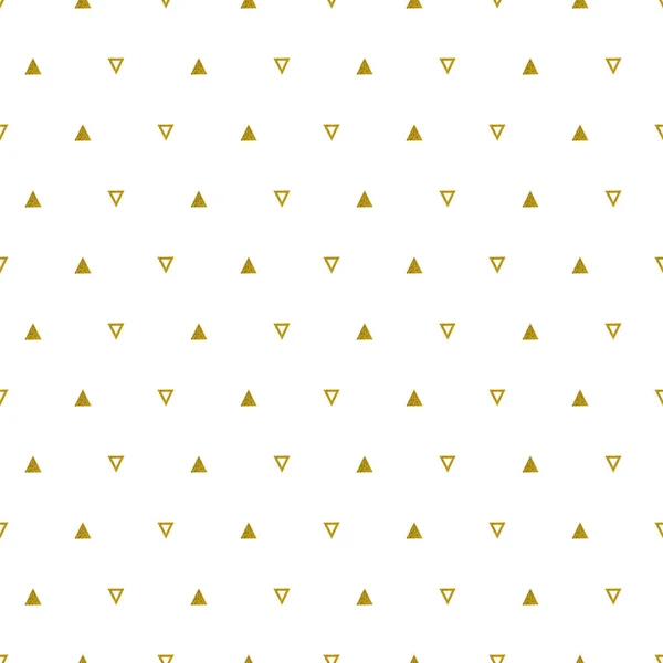 Patrón de triángulos dorados sobre fondo blanco. Patrón de repetición sin costura abstracto. Diseño mínimo con formas geométricas brillantes doradas. Ilustración vectorial . — Vector de stock
