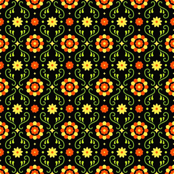 Arte popolare messicana modello senza soluzione di continuità con fiori su sfondo scuro. Design tradizionale per festa di festa. Colorati elementi floreali ornati dal Messico. Ornamento folcloristico messicano . — Vettoriale Stock