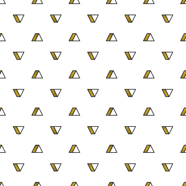 Золотые треугольники рисунок на белом фоне. Абстрактный бесшовный повторяющийся шаблон. Минимальный дизайн с золотистыми сверкающими геометрическими фигурами. Векторная иллюстрация . — стоковый вектор