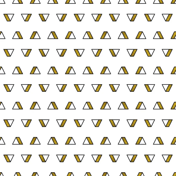 Gouden driehoeken patroon op witte achtergrond. Abstract naadloos herhalend patroon. Minimalistisch design met gouden glinsterende geometrische vormen. Vector illustratie. — Stockvector