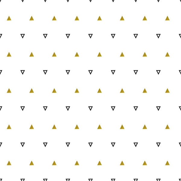 Χρυσό μοτίβο τρίγωνα σε λευκό φόντο. Αφηρημένο, απρόσκοπτα, επαναλαμβανόμενο μοτίβο. Μινιμαλιστικό σχεδιασμό με χρυσά λαμπερά γεωμετρικά σχήματα. Απεικόνιση διανυσματικών φορέων. — Διανυσματικό Αρχείο