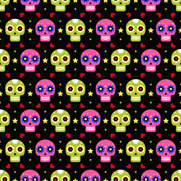 Tag der Toten nahtlose Muster mit bunten Totenköpfen auf dunklem Hintergrund. traditionelle mexikanische Halloween-Design für dia de los muertos Ferienparty. Ornament aus Mexiko. — Stockvektor