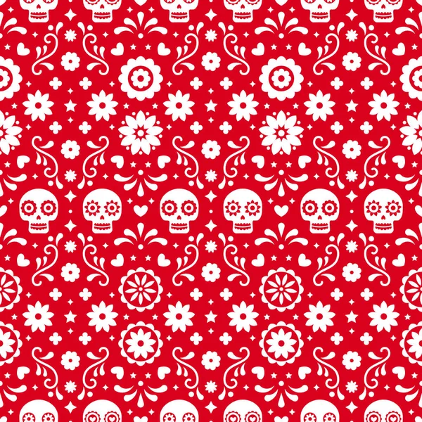 Tag der Toten nahtlose Muster mit Totenköpfen und Blumen auf rotem Hintergrund. traditionelle mexikanische Halloween-Design für dia de los muertos Ferienparty. Ornament aus Mexiko. — Stockvektor