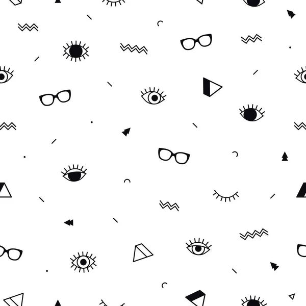 Brille mit nahtlosem Muster auf weißem Hintergrund und geometrischen Formen im Memphis-Stil. Brillen. Vektorillustration. Modehintergrund in minimalistischem Design. — Stockvektor