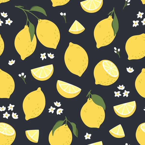 Patrón tropical sin costuras con limones amarillos. Estampado de verano con cítricos, rodajas de limones, frutas frescas y flores en estilo dibujado a mano. Fondo de vector colorido . Vector De Stock