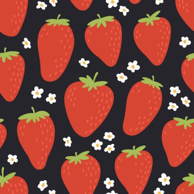 Kırmızı çilekli hoş, pürüzsüz desen. Böğürtlen, taze meyve ve çiçek desenli doğal yaz baskısı. Renkli vektör çilek arkaplanı.